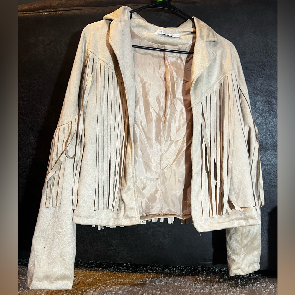 Miss Sparkling Western Fringe Jacket- Beige Faux Suede-Size S